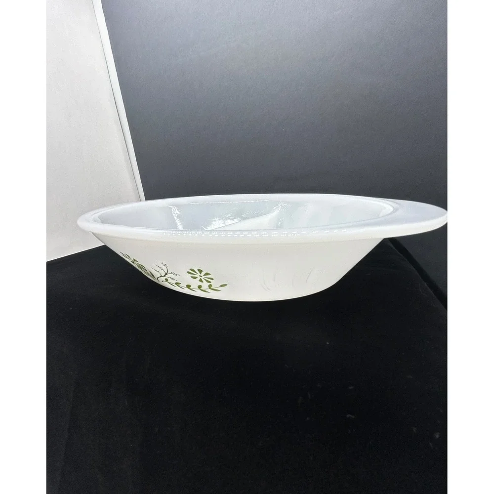 Glasbake J2352 Milk Glass Divided Serving Dish Green Floral Vine Oval Vintage